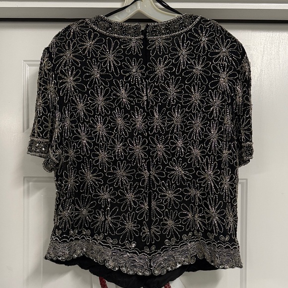 Papell Boutique Black and Silver Floral Beaded Blouse - Picture 3 of 3